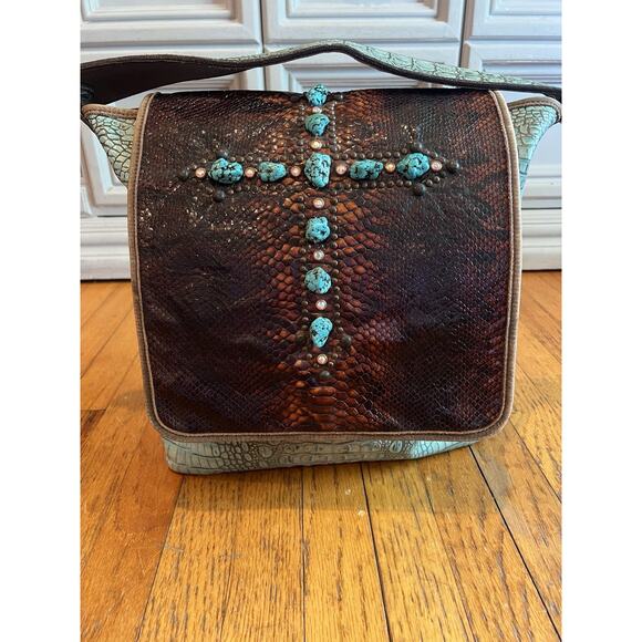 EUC Double J Saddlery Crocodile Purse Tote Teal-Brown with Turquoise Cross XL - Picture 1 of 13
